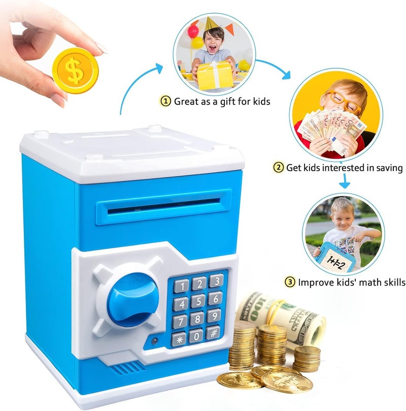 The Toys Home ATM Piggy Bank for Kids, Electronic Money Saving Box with 4-Digit Password Lock, Auto Grab Bill and Coin Slot, Blue and White Safe Box, Great Gift Toy for Boys and Girls (White-Blue) - Image 3